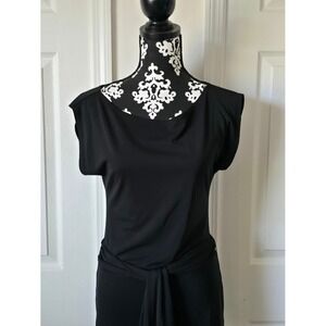 Women XS Cache Black Ruched Detail Cap Sleeve Elegant Chic Top